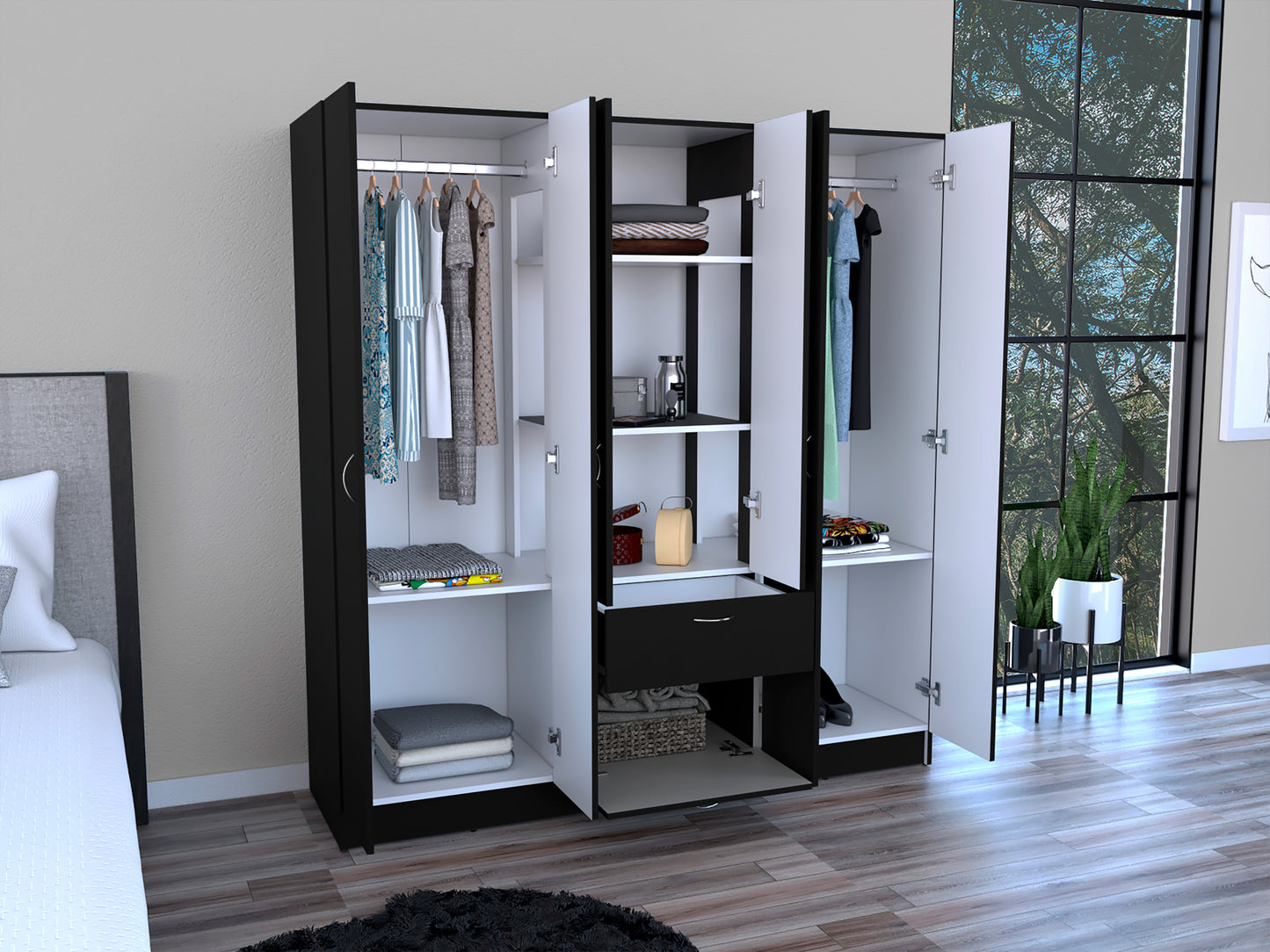 Six Doors Armoire Maya, Bedroom, Black / White