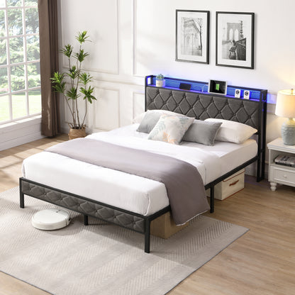 Queen Bed Frame with Storage Headboard, Charging Station and LED Lights, Upholstered Platform Bed with Heavy Metal Slats, No Box Spring Needed, Noise Free, Easy Assembly, Dark Gray