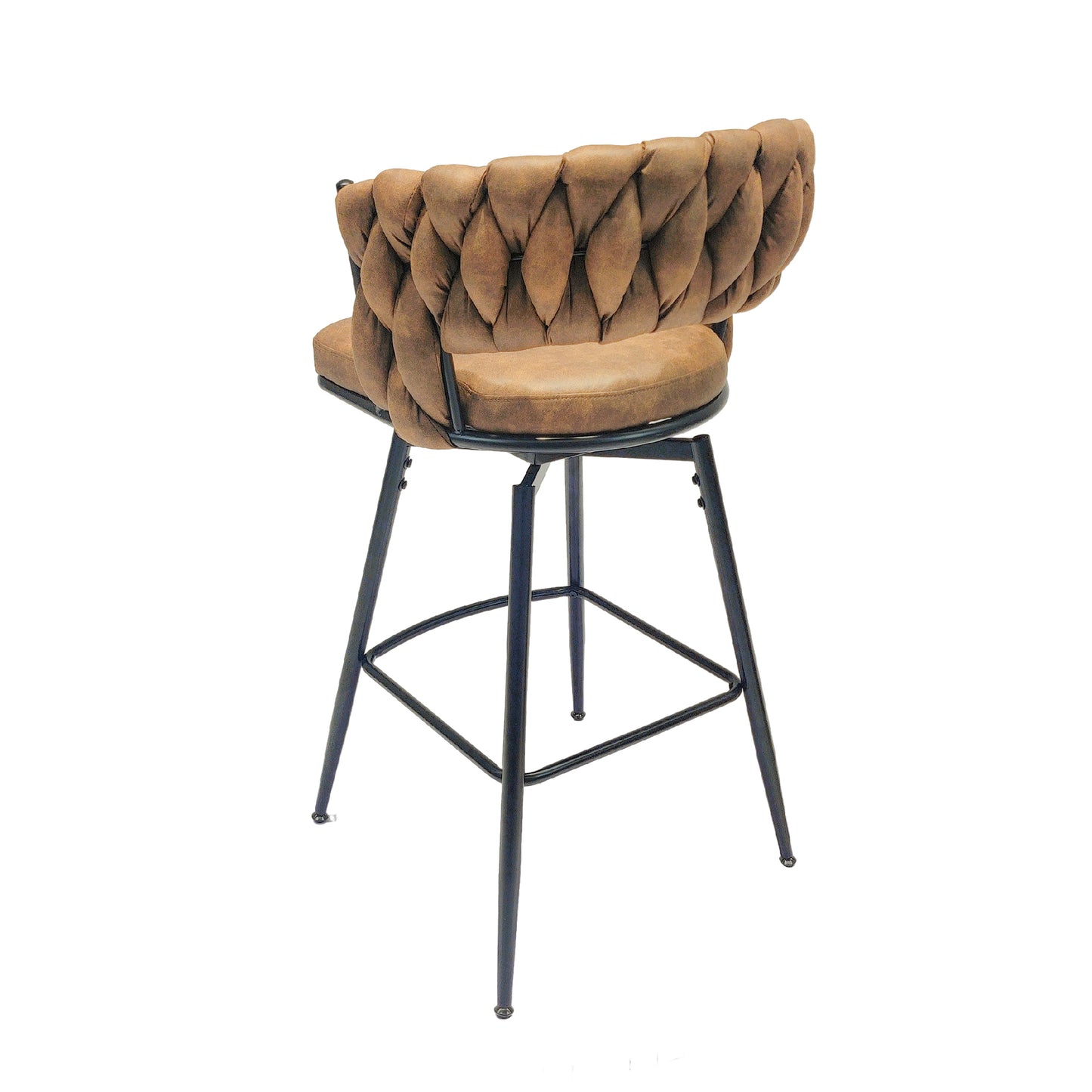 28" Technical Leather Woven Bar Stool Set of 2,Black legs Barstools No Adjustable Kitchen Island Chairs,360 Swivel Bar Stools Upholstered Bar Chair Counter Stool Arm Chairs with Back Footrest (Brown)