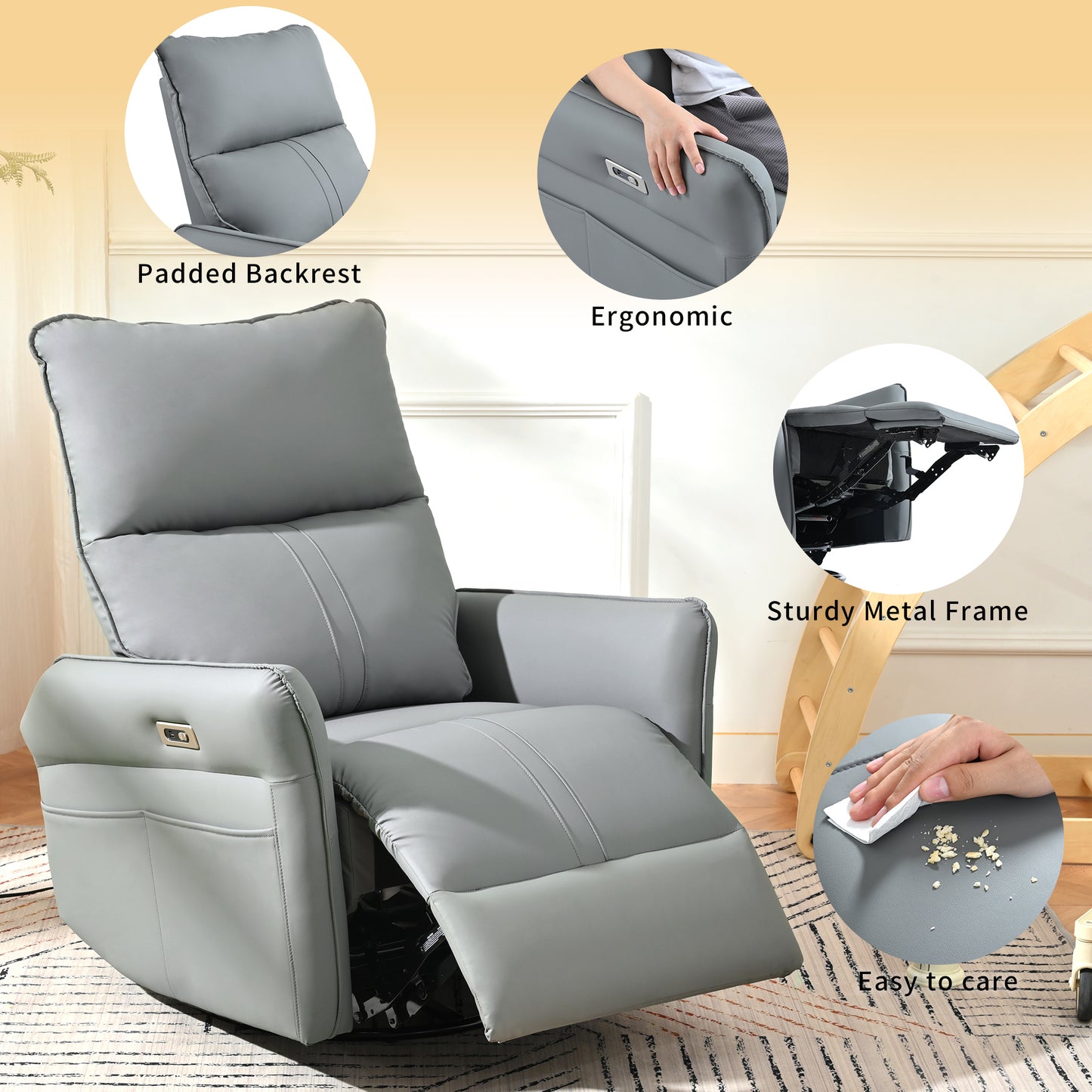 Power Swivel Rocker Recliner Chair for Adults, 270° Swivel Rocking Recliner Chair,Electric Small Recliners for Small Spaces, Single Sofa Recliner for Living Room, Bedroom,RV (Blue-gray+270° Swivel)