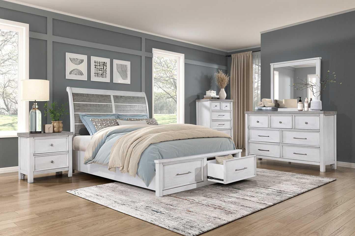 White and Gray Finish 1pc Bedroom Dresser of 7 Drawers Classic Design Wooden Furniture