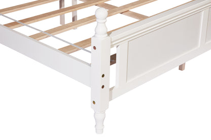 Queen Pine wooden Bed with Upholstered Headboard  and Panel Footboard, with  Two Bed Rail Support Feet and Central Platform Support Feet ,White