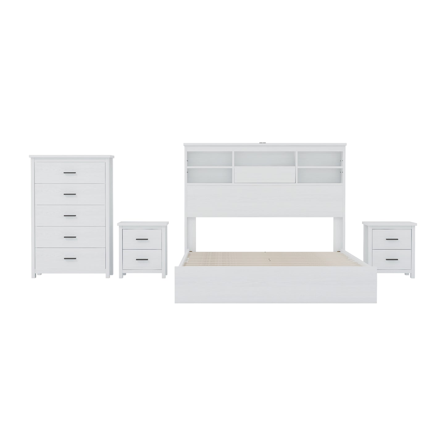 4-Pieces Bedroom Sets Queen Size Vintage Wooden Bed Frame with 2 Nightstands and 1 Dresser, White