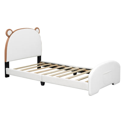 Twin Size Upholstered Platform Bed with Bear-shaped Headboard and Footboard,White+Brown