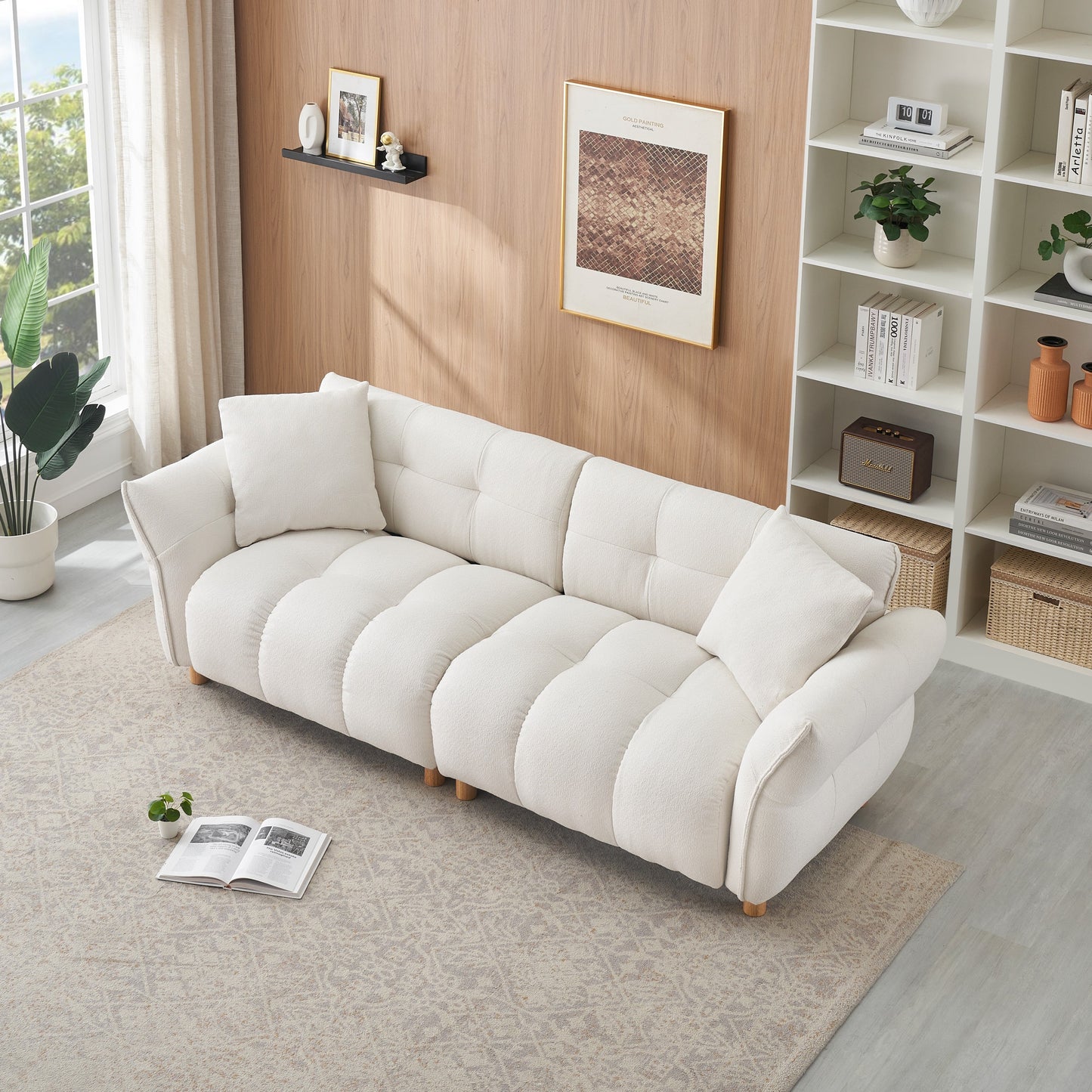 93.70 inches long, Teddy Sofa Fabric,with two matching pillows and three spacious and comfortable seats, for Apartment Office Living Room - Beige