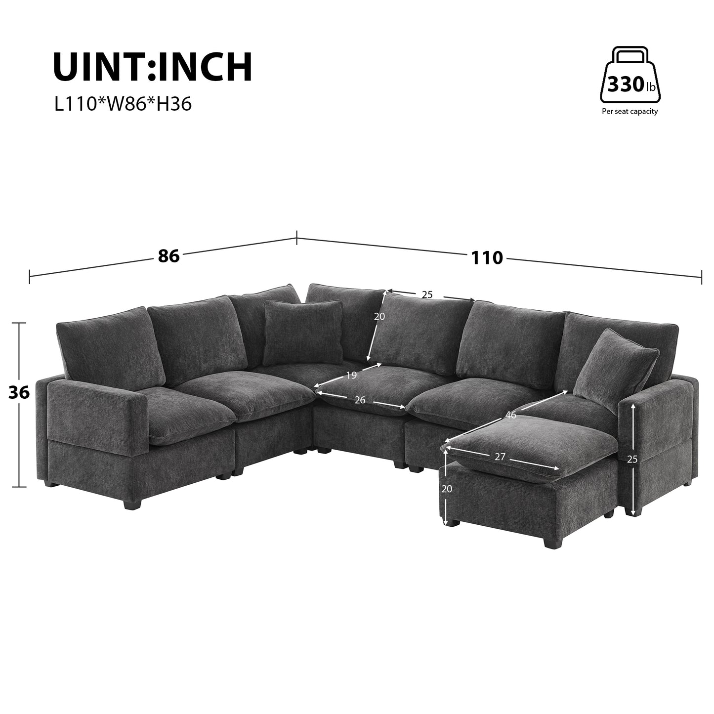110*86" Modern U Shape Modular Sofa, 7 Seat Chenille Sectional Couch Set with 2 Pillows Included, Freely Combinable Indoor Funiture for Living Room, Apartment, Office, 2 Colors