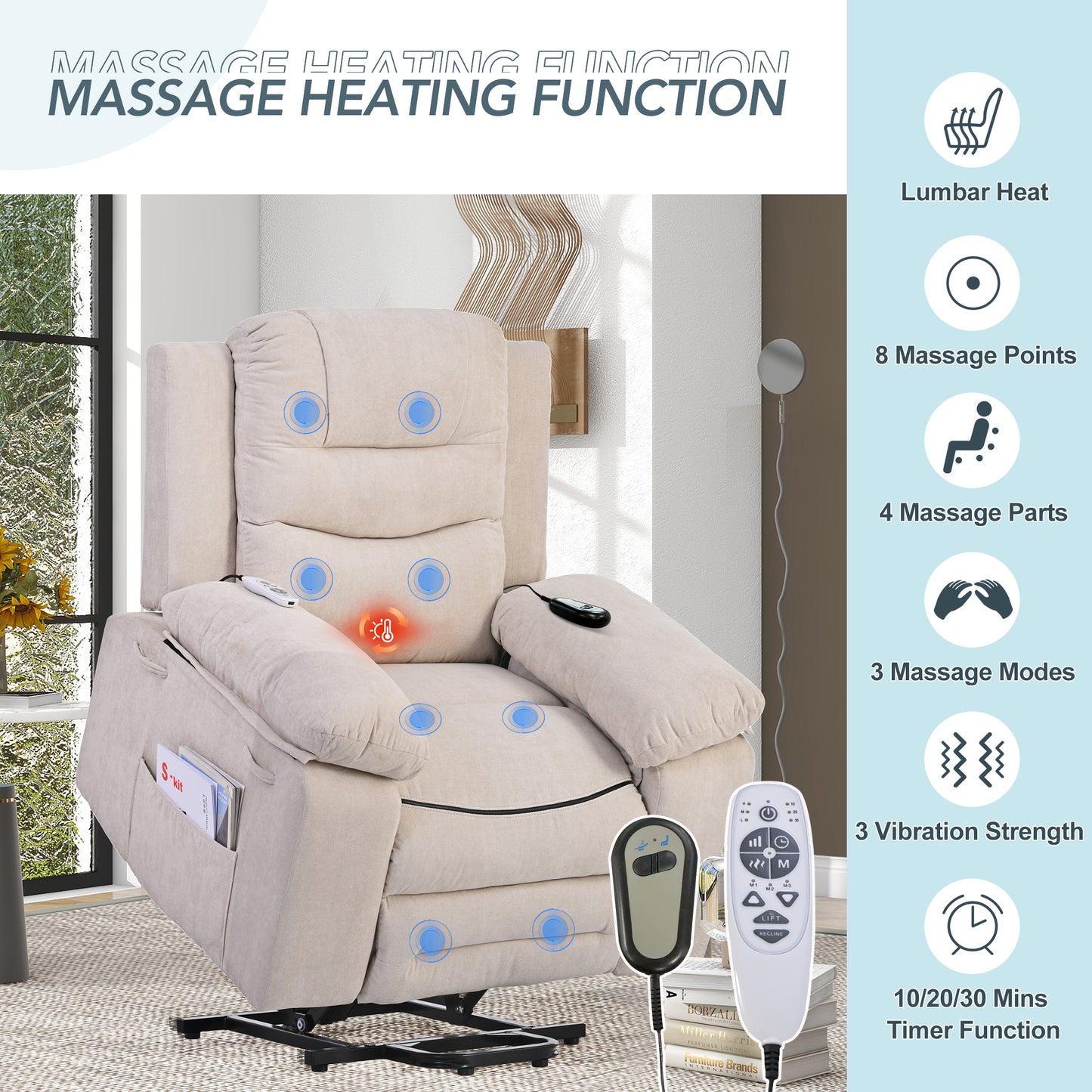 Massage Recliner,Power Lift Chair for Elderly with Adjustable Massage and Heating Function,Recliner Chair with Infinite Position and Side Pocket for Living Room ,Beige