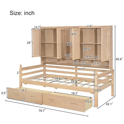 Twin Size Wooden Storage Daybed Frame with Bookcase Headboard and Two Under-bed Drawers for Bedroom Living Room, No Box Spring Needed,Natural