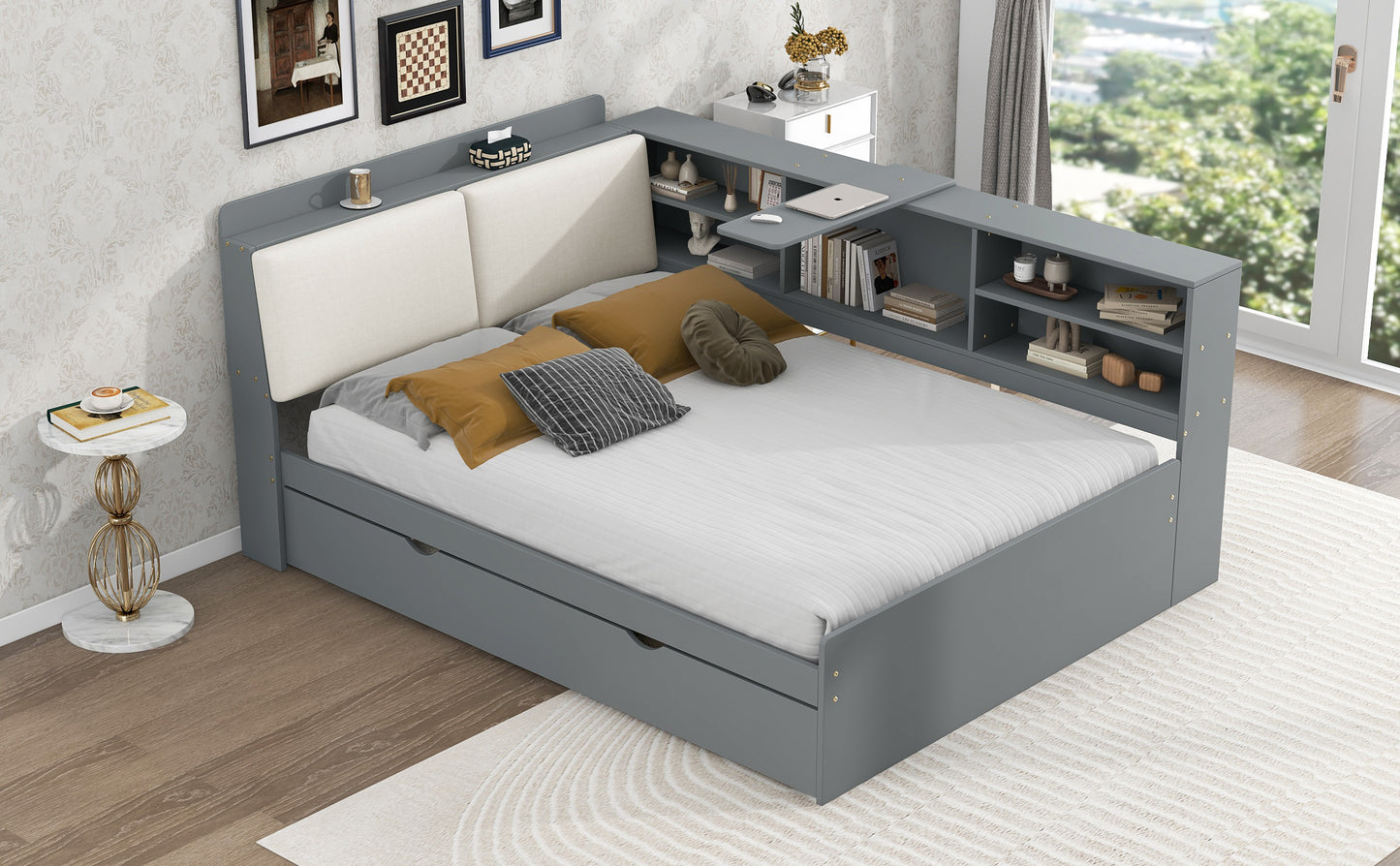 Wood Full Size platform bed with Trundle, Shelves and Storage Headboard, Gray