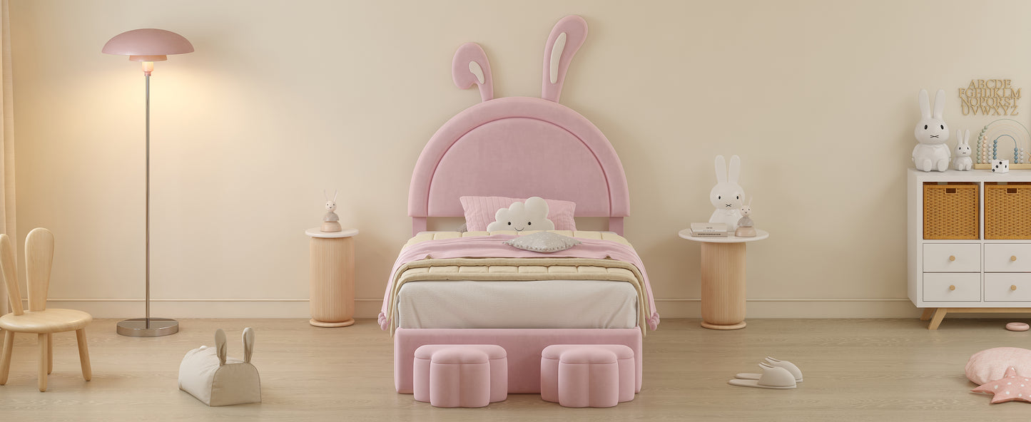 Twin size Upholstered Rabbit-Shape Bed with 2 Storage Stools, Velvet Platform Bed with Cartoon Ears Shaped Headboard, Pink