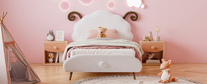 Twin Size Upholstered Platform Bed with Sheep-Shaped Headboard, White