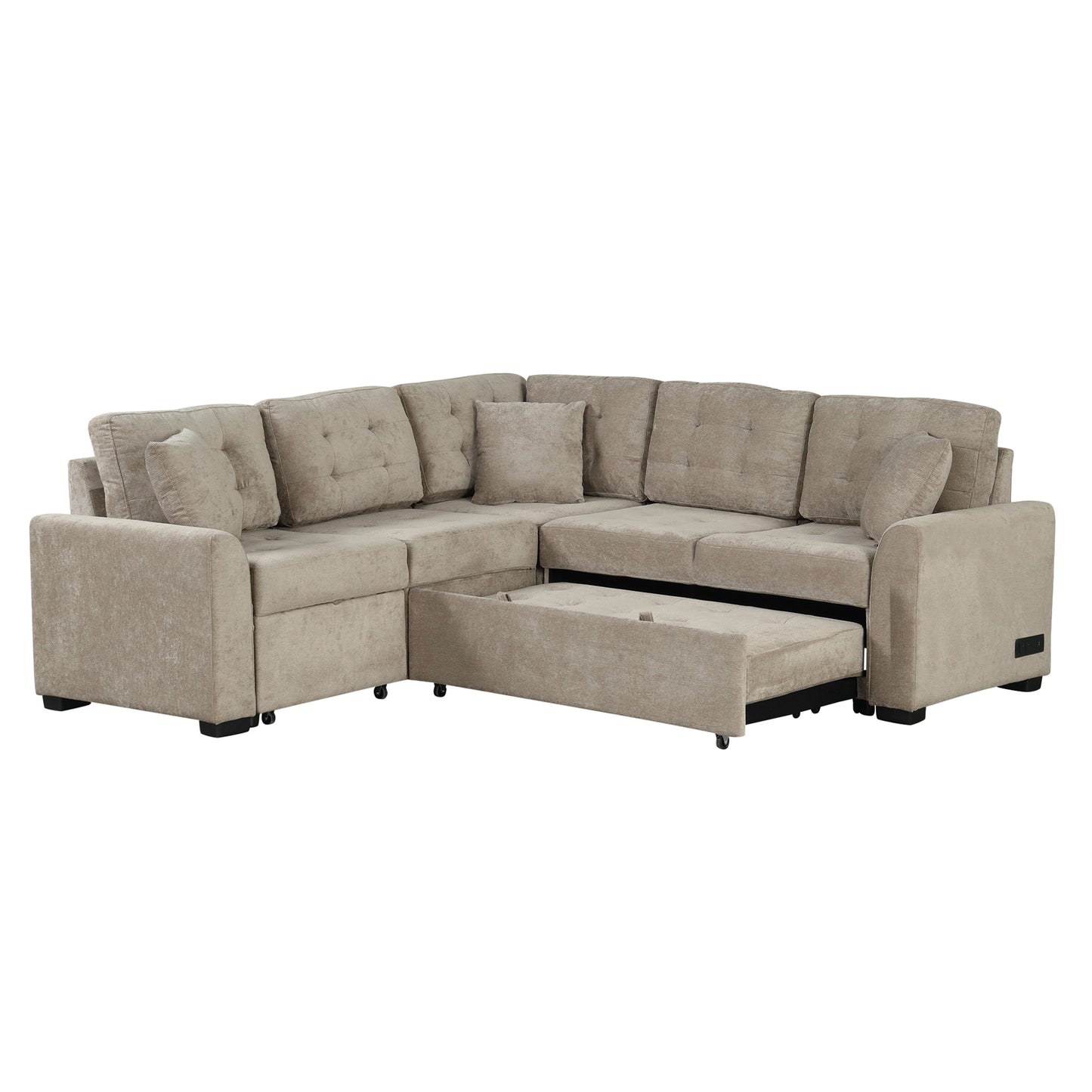 82.6" L-shape Sofa Bed Pull-out Sleeper Sofa with Wheels, USB Ports, Power Sockets for Living Room (SG001230AA), Khaki