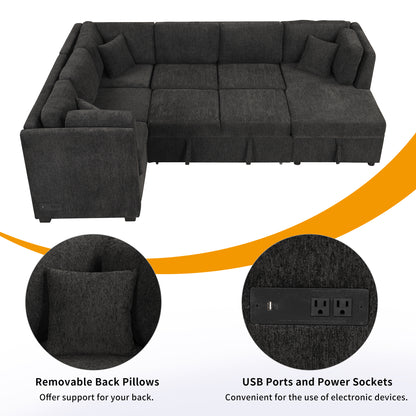 108.6" U-shaped Sectional Sofa Pull out Sofa Bed with Two USB Ports, Two Power Sockets, Three Back Pillows and a Storage Chaise for Living Room, Black