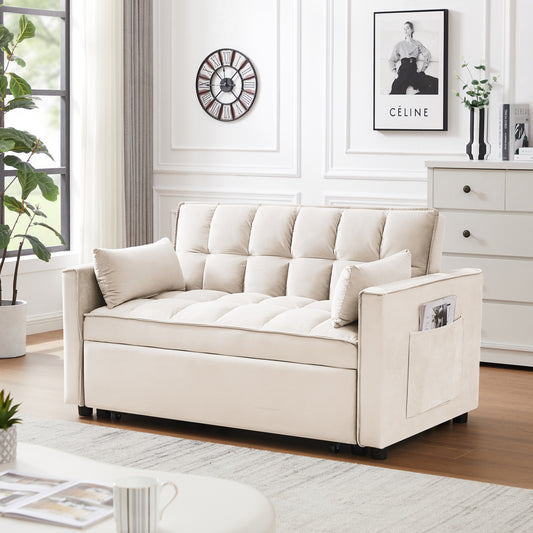 Modern Velvet Loveseat Futon Sofa Couch w/Pullout Bed,Small Love Seat Lounge Sofa w/Reclining Backrest,Toss Pillows, Pockets,Furniture for Living Room,3 in 1 Convertible Sleeper Sofa Bed, creamy white