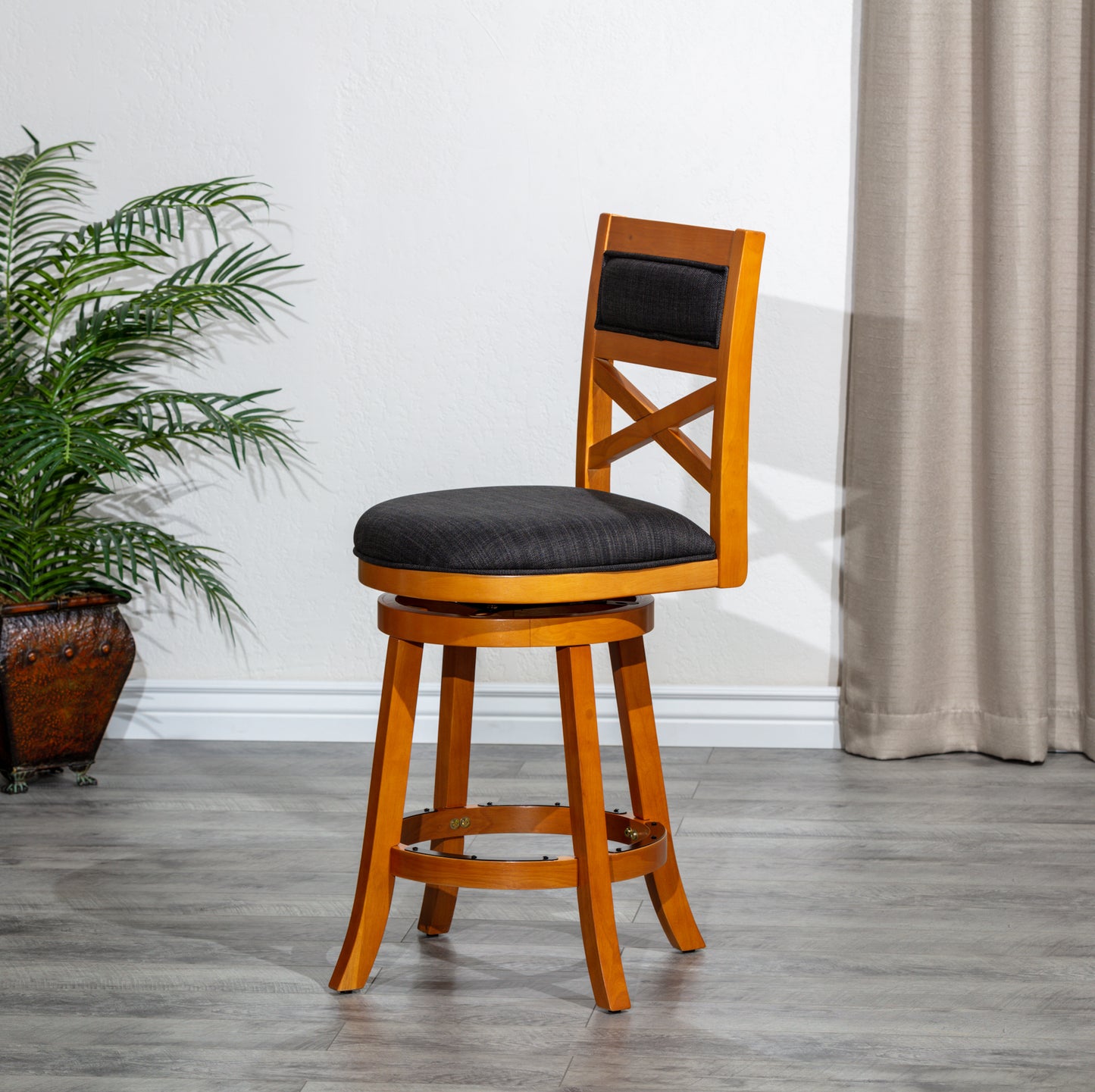 30" Bar Height X-Back Swivel Stool, Natural Finish, Charcoal Fabric Seat