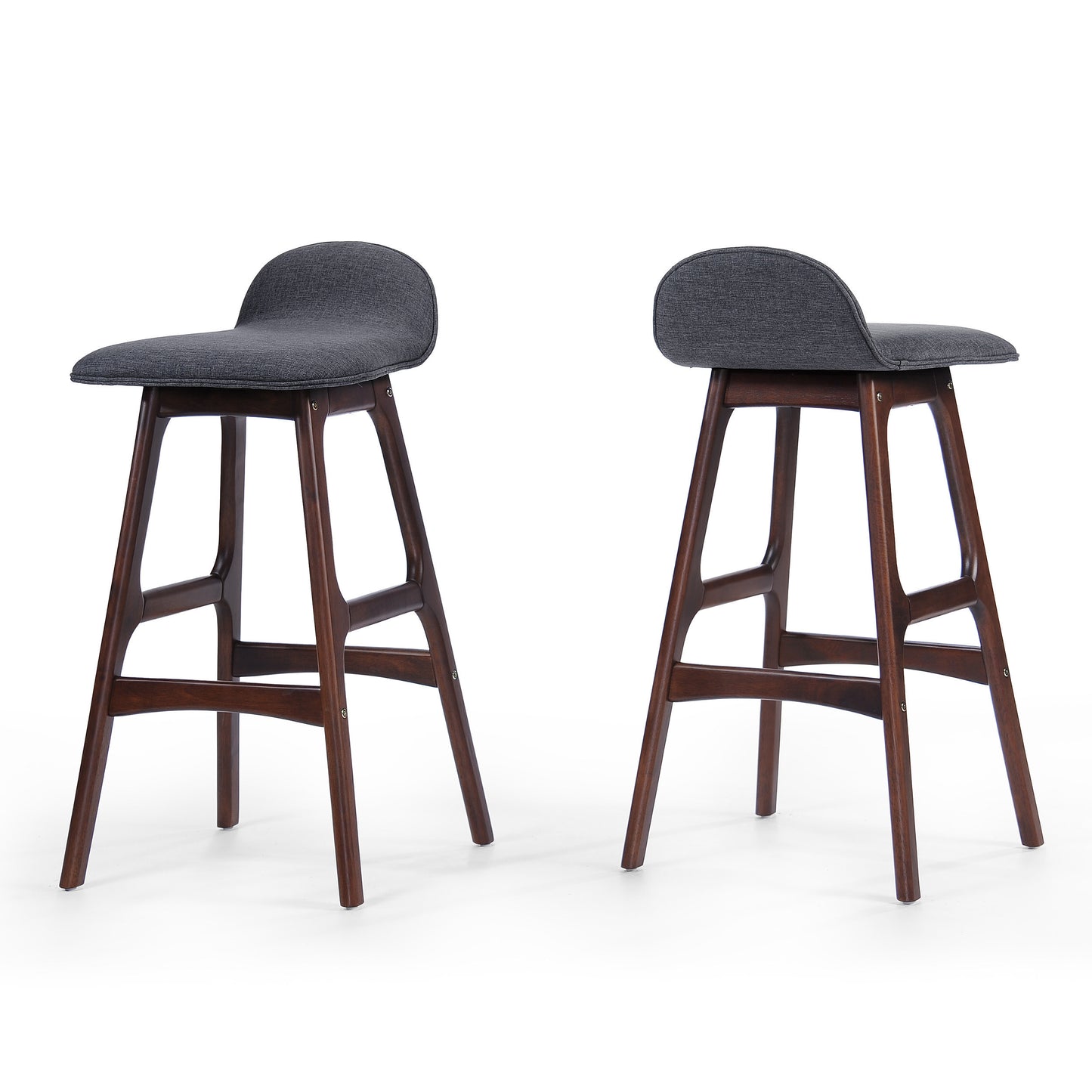 28.5" Mid-Century Modern Upholstered Low Back Barstools (Set of 2), Charcoal, Walnut Finish