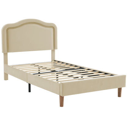 Twin Size Velvet Upholstered Smart LED Bed Frame with Adjustable Height Headboard,No Box Spring Needed,Easy Assembly,Beige