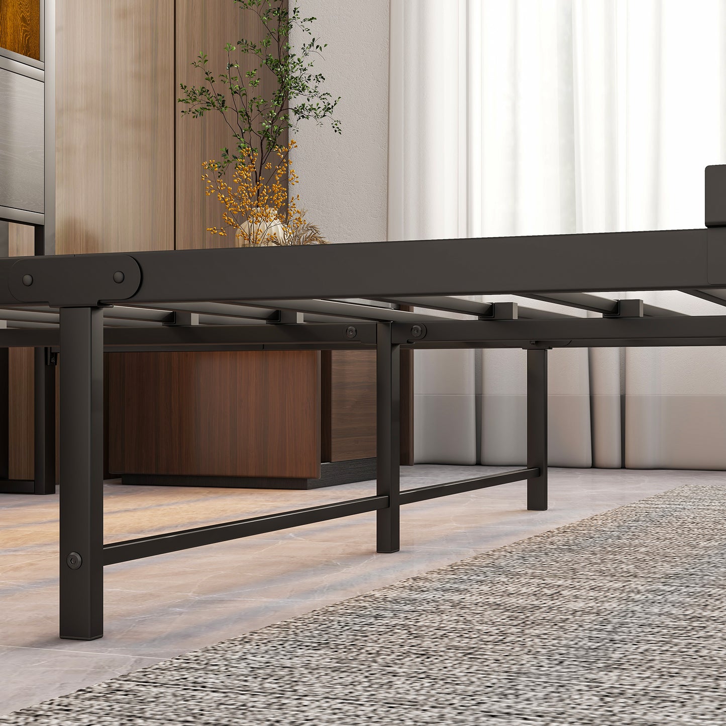 Full Size Bed Frame with Storage Headboard, Metal Platform Bed with Charging Station,  Bookcase Storage, No Box Spring Needed, Easy Assembly, Noise-Free, Black