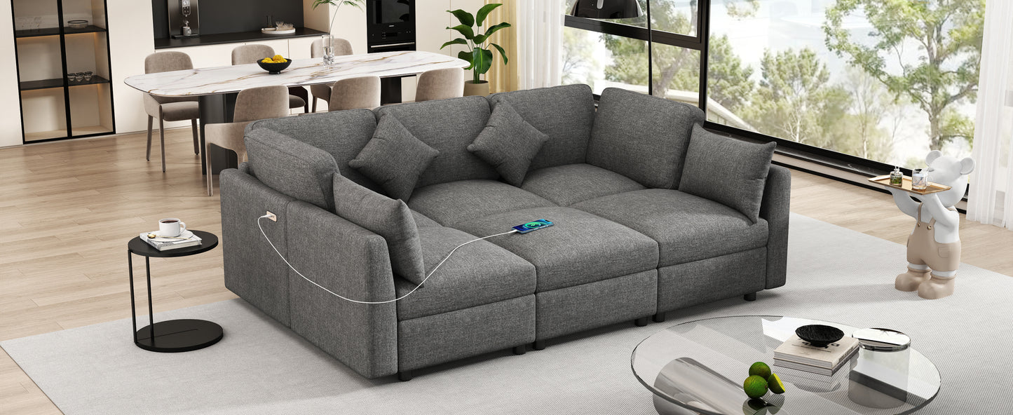 85.4" Sectional Sofa Modular Sofa U-shaped Sofa Couch Sofa Bed L-shaped Sofa with a Movable Ottoman and Two USB Ports for Living Room, Grey