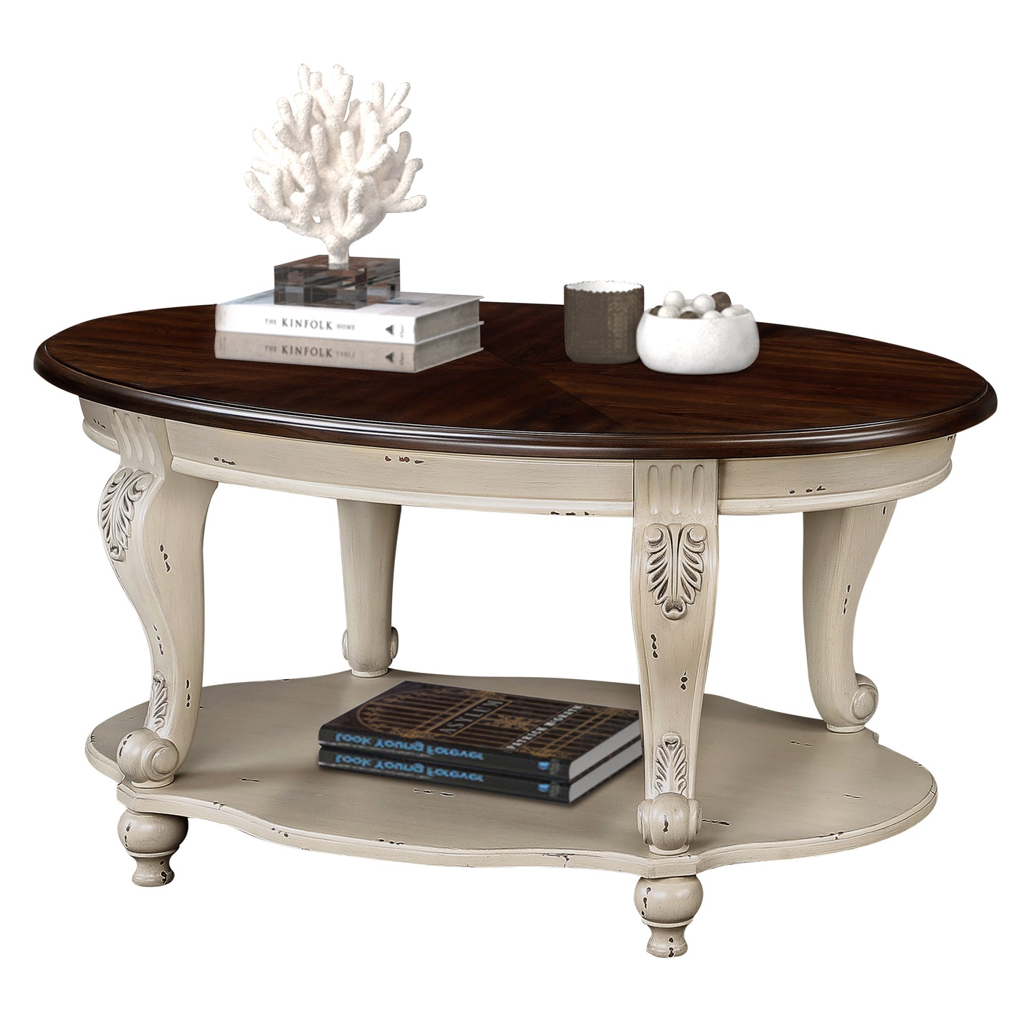 42'' oval wood coffee table for Living Room, 2-Tier Solid Wood Cocktail Table with Open Storage Shelf, Easy Assembly, Beige and Espresso Top