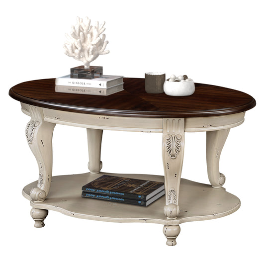 42'' oval wood coffee table for Living Room, 2-Tier Solid Wood Cocktail Table with Open Storage Shelf, Easy Assembly, Beige and Espresso Top