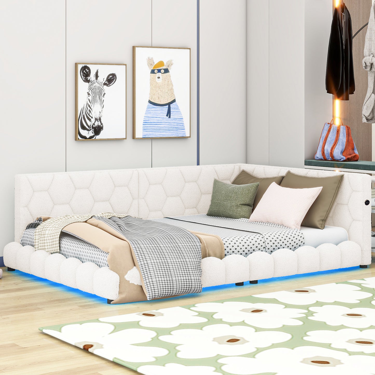 Upholstered Full Size platform bed with USB Ports and LED belt, White