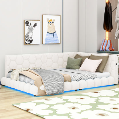 Upholstered Full Size platform bed with USB Ports and LED belt, White