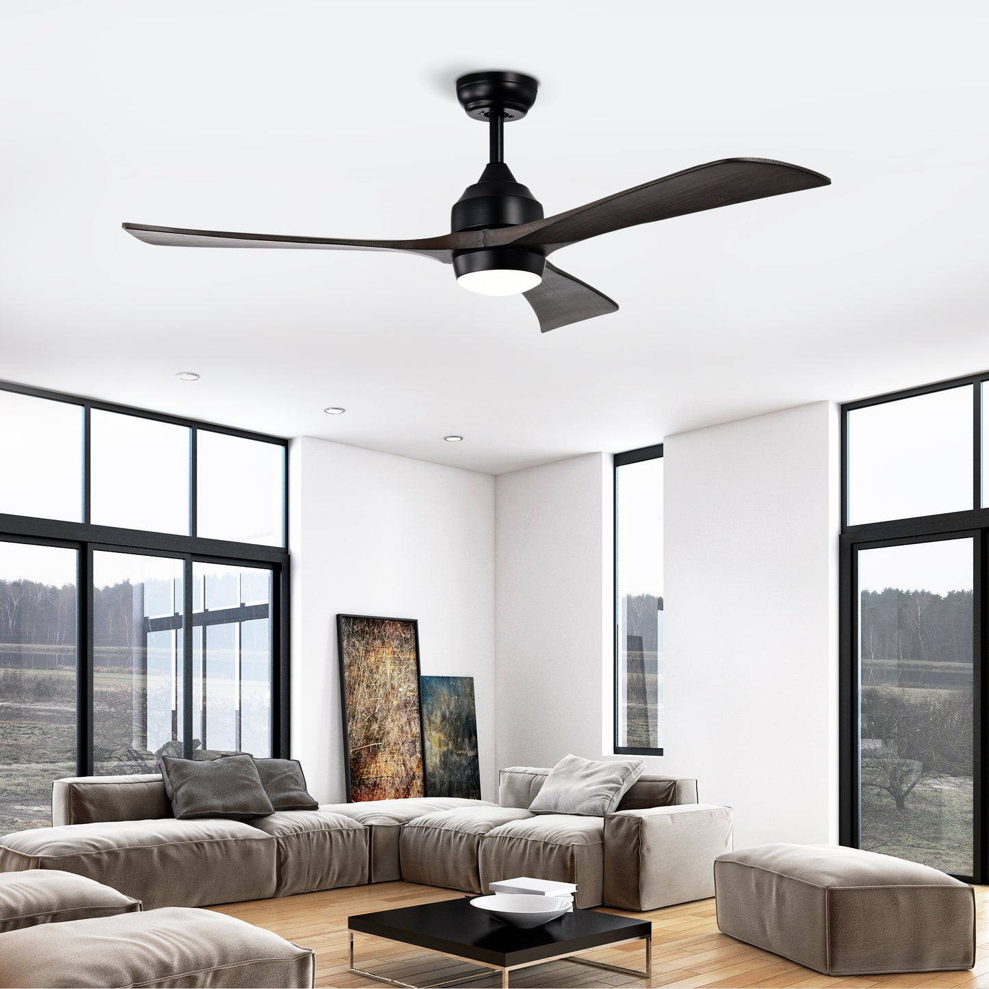 52" Ceiling Fan with Lights Remote Control,Quiet DC Motor 3 Blade Ceiling Fans 6 Speed Levels,Reversible Ceiling Fan, for Patio Living Room, Bedroom, Office,Indoor.(Matte Black +Black Walnut )