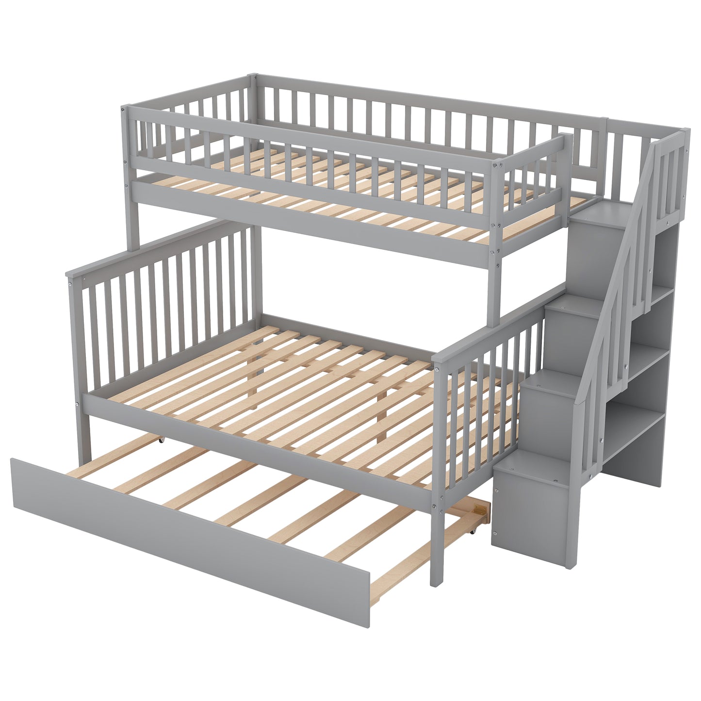 Spacey Twin over Full Bunk Bed with Trundle and Staircase, Grey