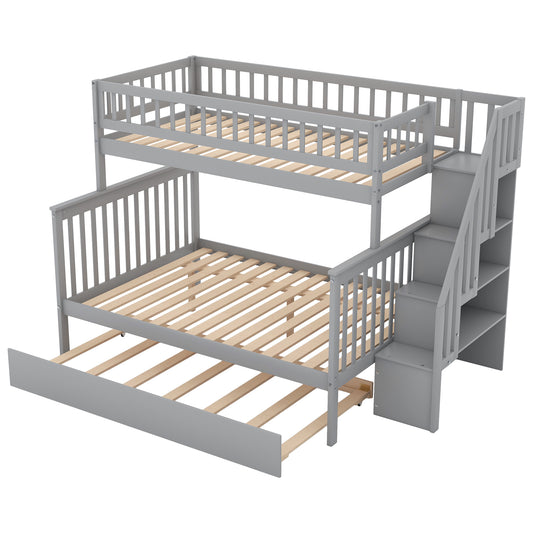 Spacey Twin over Full Bunk Bed with Trundle and Staircase, Grey