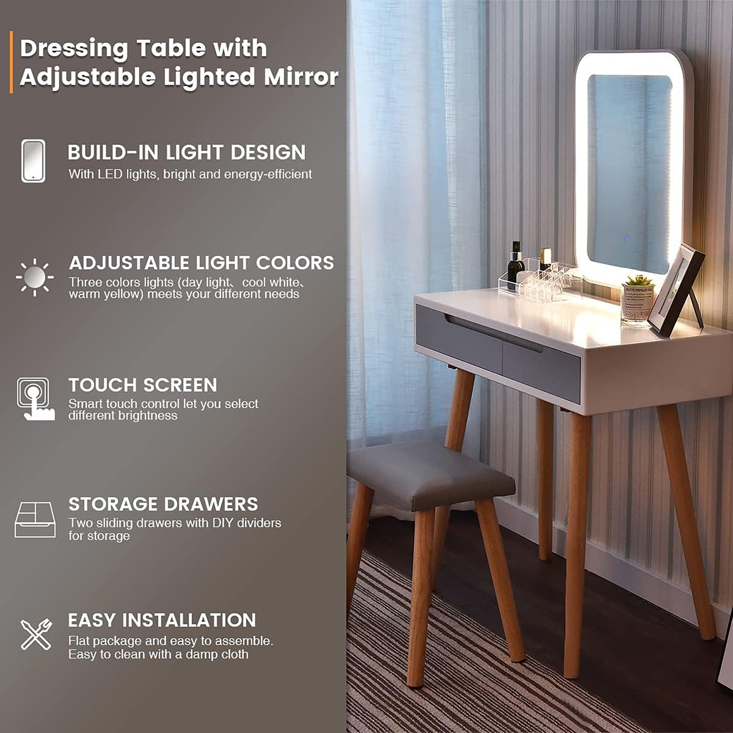 Vanity Table Set with Adjustable Brightness Mirror and Cushioned Stool, Dressing Table Vanity Makeup Table with Free Make-up Organizer