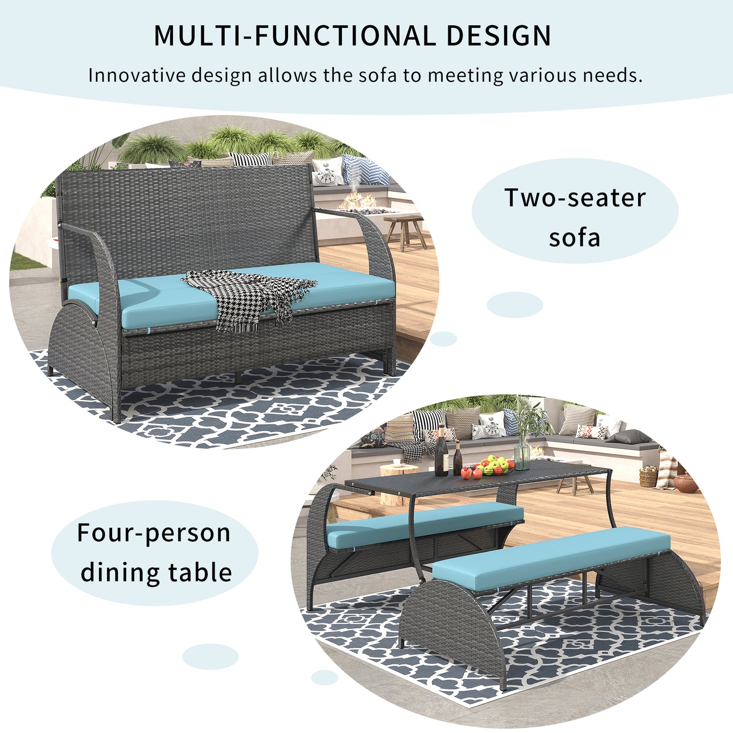 U_STYLE Versatile outdoor loveseat that converts to four seats and a table, suitable for gardens and lawns