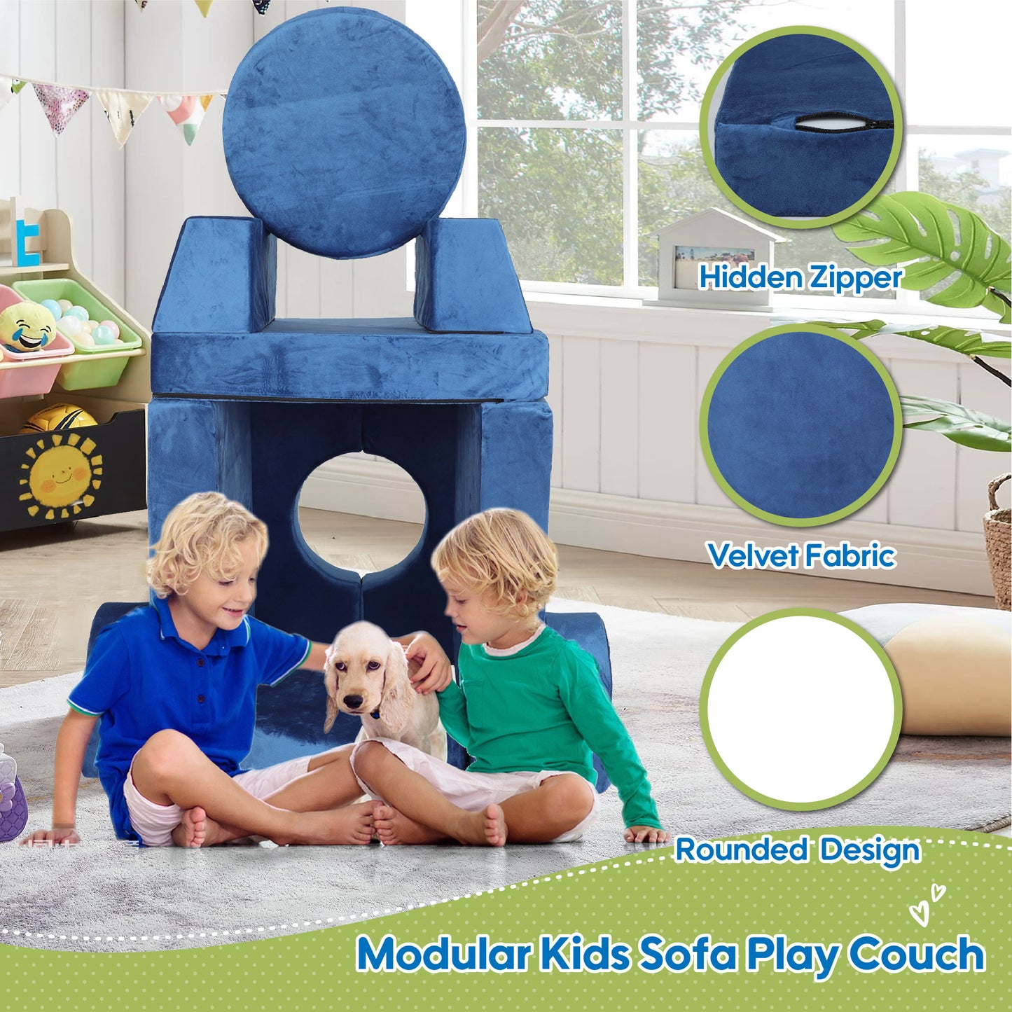 14pcs Kids Sofa Modular Play Couch,Child Sectional Sofa to Boost Creativity,Boys and Girls DIY Creativing Playroom Couch Furniture for Toddlers Conertible Foam and Floor Cushion-Blue