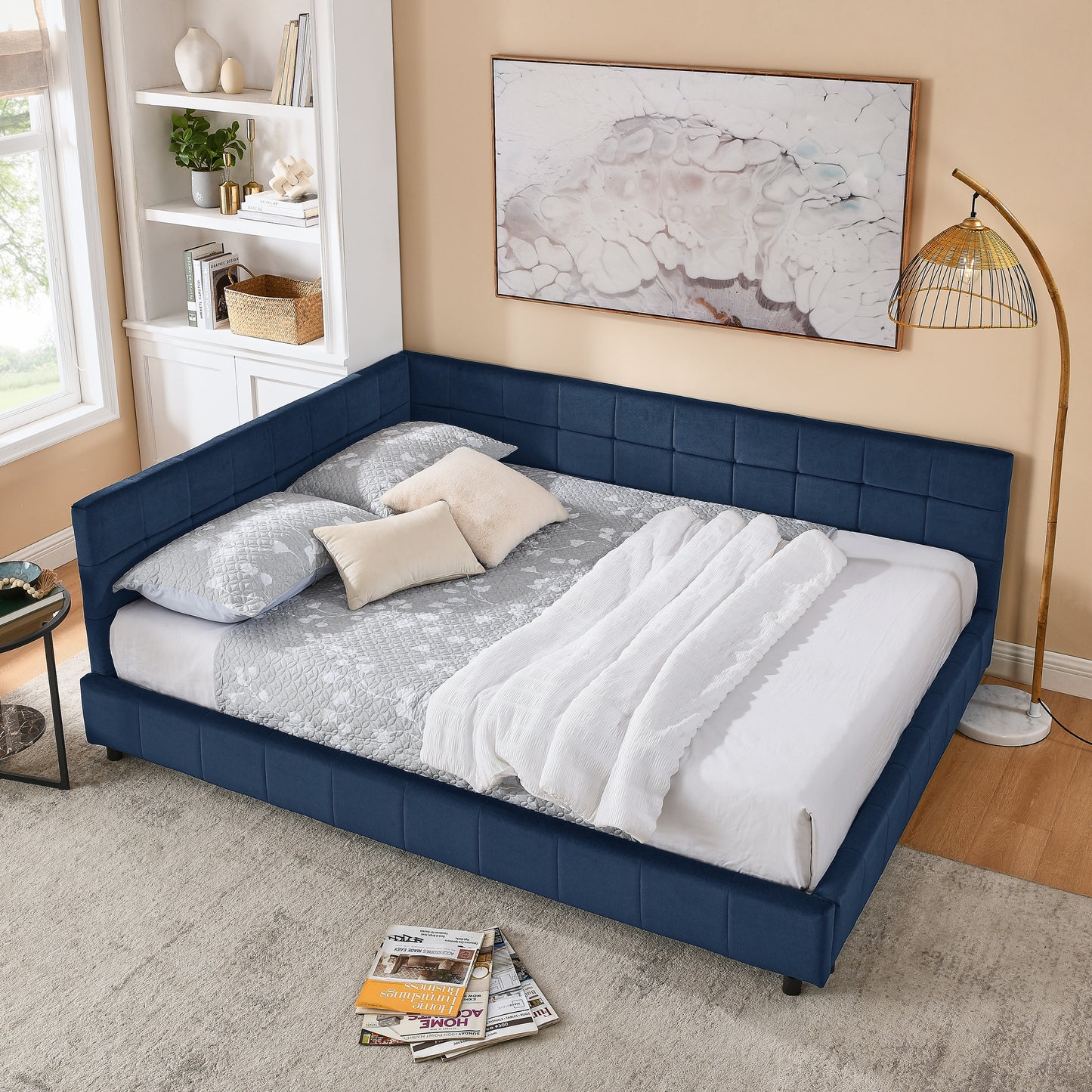 Queen Size Upholstered Tufted Bed Frame, Sofa Bed Frame with Comfortable Backrest and Armrests, Queen Size Bed for Bedroom, Living Room,Velvet, DARK BLUE(85.5''*64.5''*30.5'')