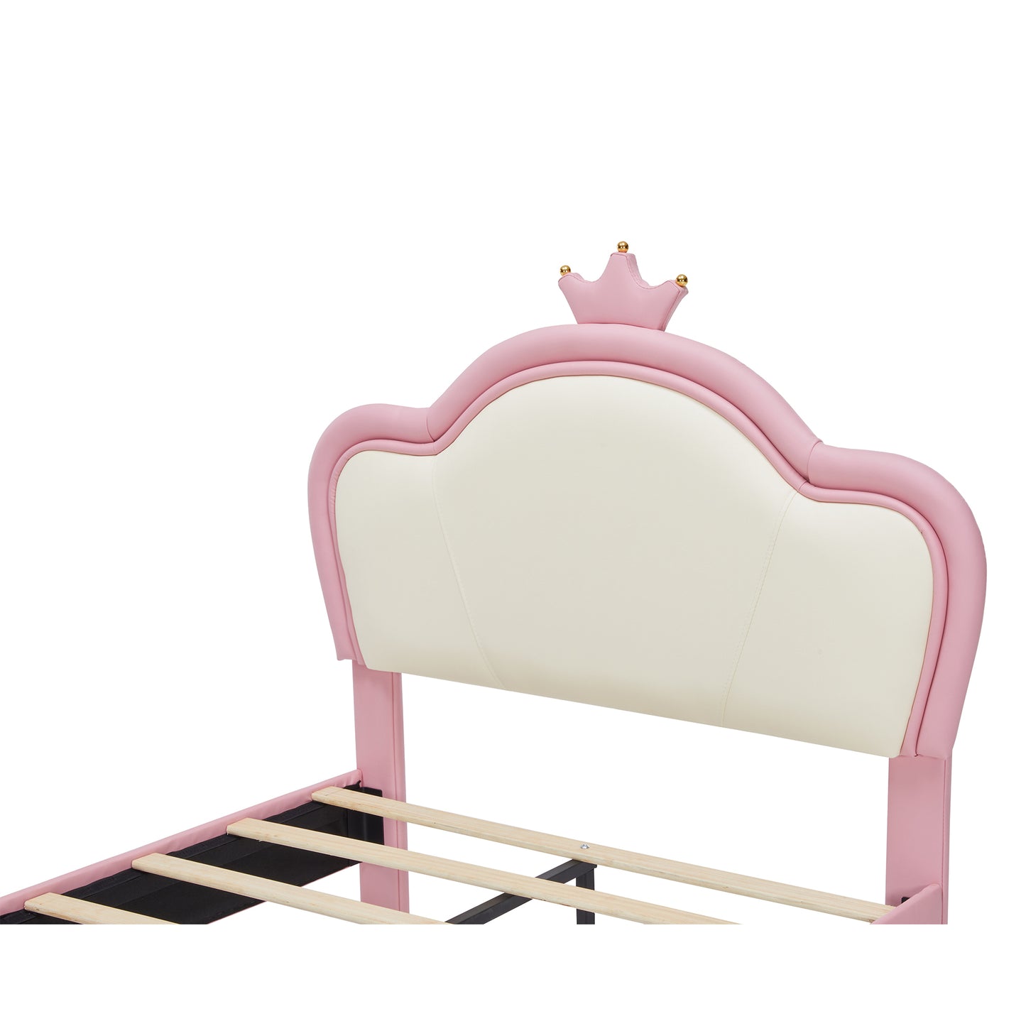 {NEW}Twin Size Princess Bed with Crown Headboard, PU Upholstered Platform Bed , Twin Size Bed Frame with Bed-End Storage Pocket for Kids Girl, No Spring Box Needed, Easy Assembly, Pink