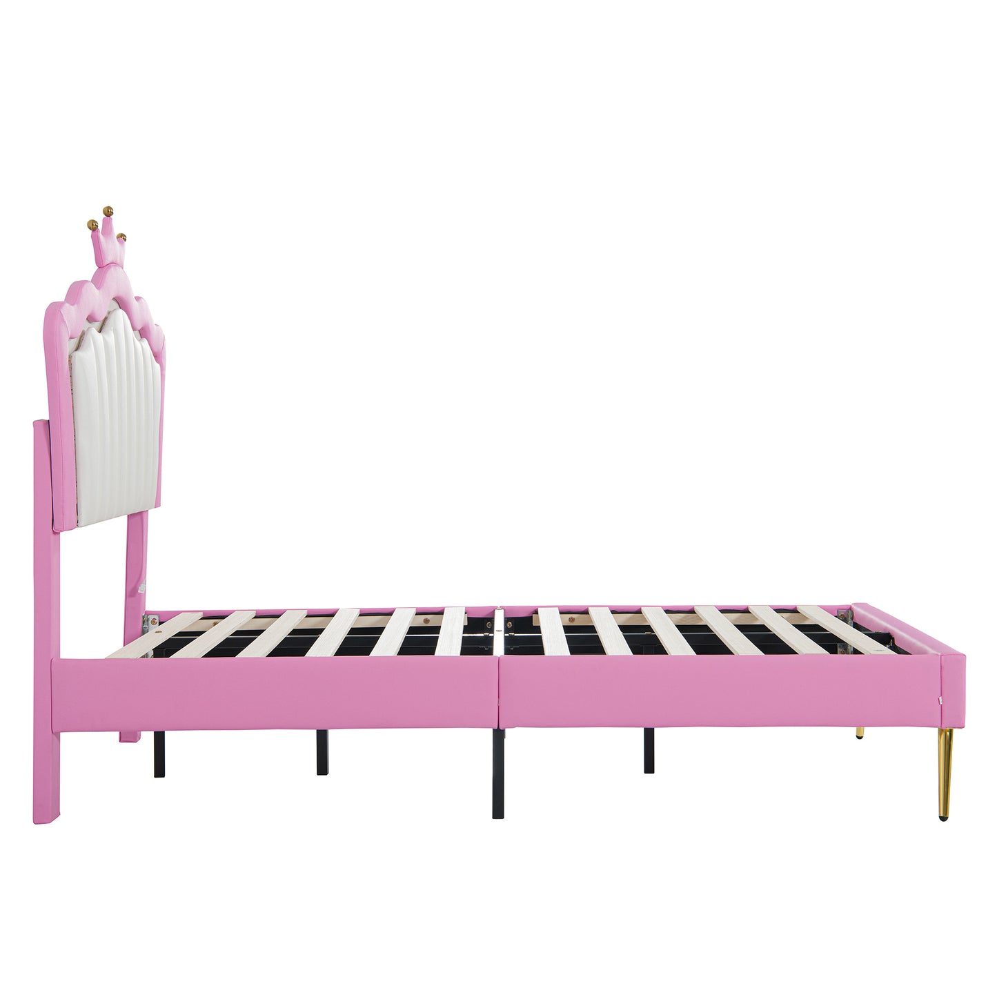 Twin Size Upholstered Bed Frame with LED Lights, Modern Upholstered Princess Bed with Crown Headboard, Pink+White