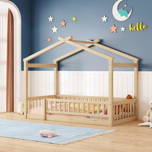 Twin Size Wood Bed House Bed Frame with Fence, for Kids, Teens, Girls, Boys,Natural