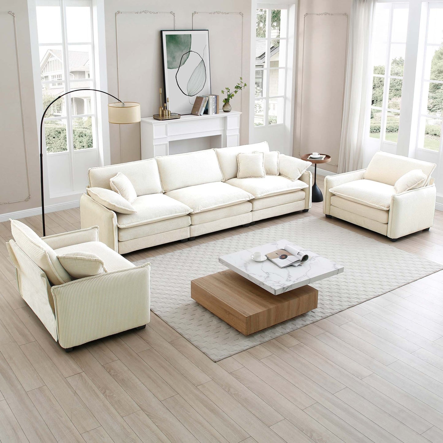 Warm and Cozy Sofa Set with Soft Cushions and Pillows, Home Theater Style Sofa Set Consisting of a 3-Seater Sofa and Two Single Sofas in Beige Corduroy Fabric