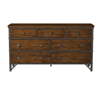 Industrial Design Bedroom Furniture 1pc Dresser of 7 Drawers Rustic Brown and Gunmetal Finish Wooden Furniture