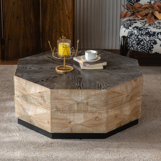 Octagon Coffee Table,38' Retro Style Wood Center Table with Three-Dimensional Embossed Pattern,Rustic Cocktail Table Center Large Circle Coffee Table for Living Room Home