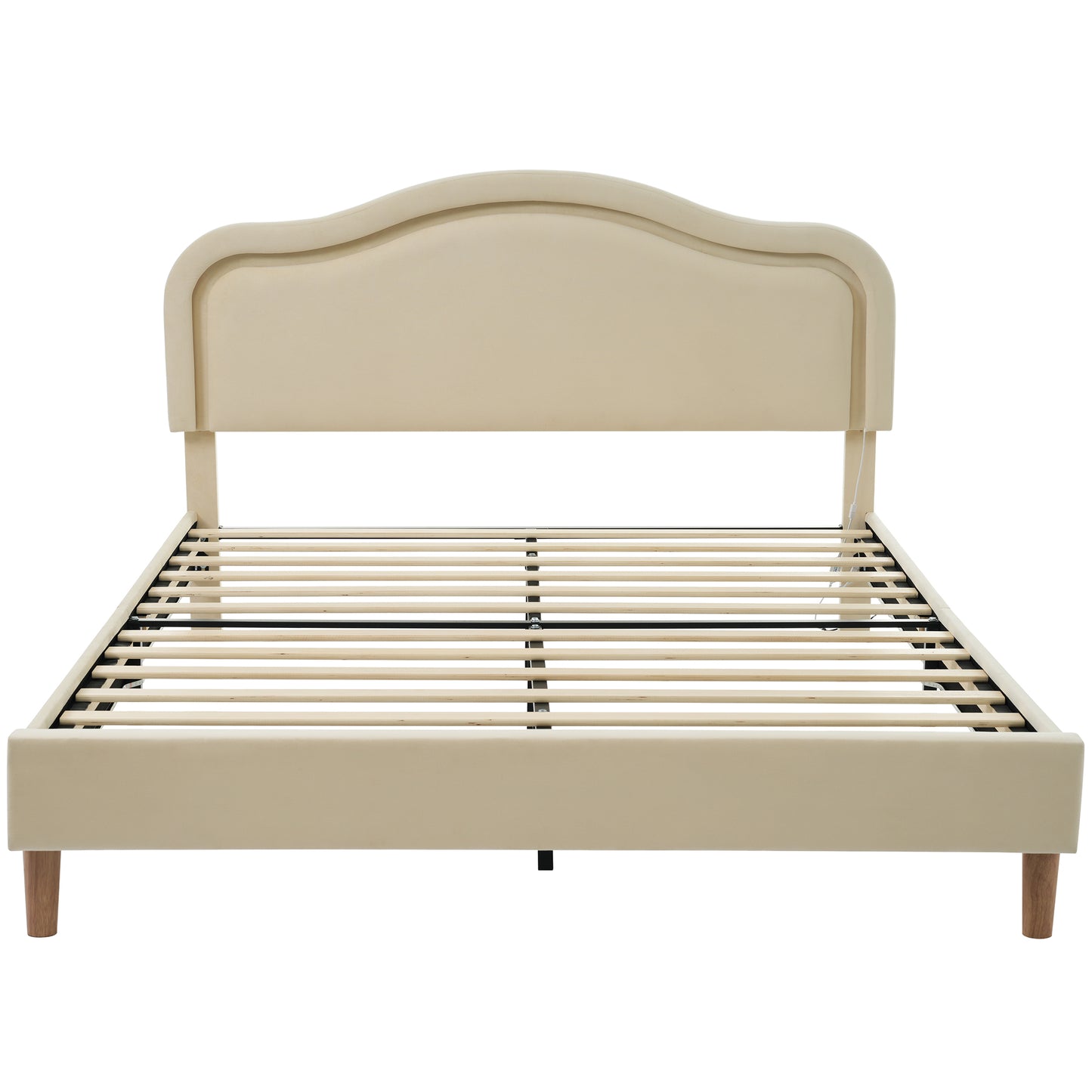 Queen Size Velvet Upholstered Smart LED Bed Frame with Adjustable Height Headboard,No Box Spring Needed,Easy Assembly,Beige