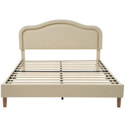 Queen Size Velvet Upholstered Smart LED Bed Frame with Adjustable Height Headboard,No Box Spring Needed,Easy Assembly,Beige