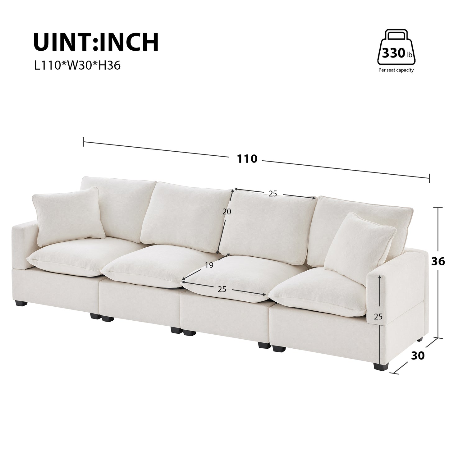 110*29" Modern Modular Sofa, 4 Seat Chenille Sectional Couch Set with 2 Pillows Included, Freely Combinable Indoor Funiture for Living Room, Apartment, Office, 2 Colors