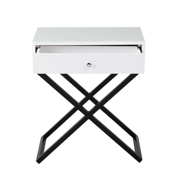 Koda 23" White Wooden End Side Table Nightstand with Glass Top, Drawer and Metal Cross Base