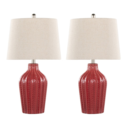 Rockwell 23" Contemporary Ceramic Table Lamp in Glossy Brick Red Ceramic, Polished Nickel and Natural Linen Shade from Grandview Gallery by LumiSource - Set of 2