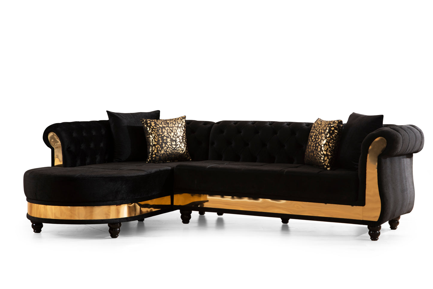 Gold Detailed Tufted Upholstery Sectional made with Wood In Black