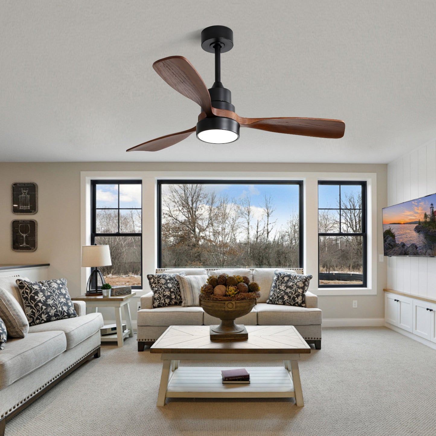 48 Inch Modern Ceiling Fan With Lights 3 Wood Fan Blade Noiseless Reversible Motor Smart Remote Control