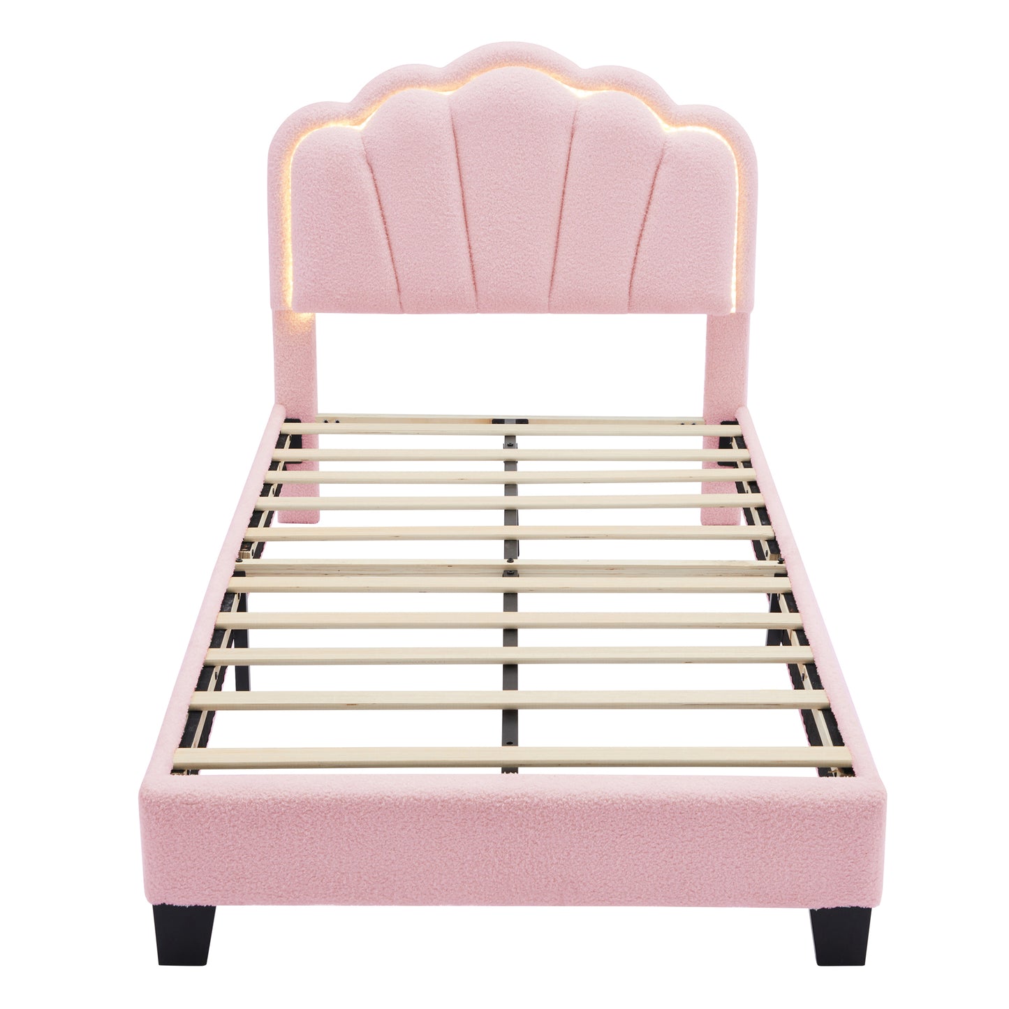 Twin Size Upholstered Flower-Shape Bed, Elegant Flowers Headboard with LED Light Strip ,Sherpa Fabric Platform Bed with Wooden Slats Support, Pink