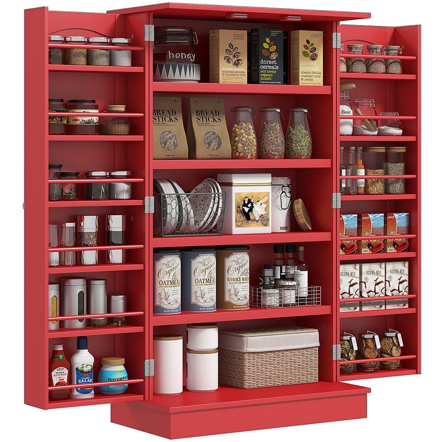 HOMCOM 41" Kitchen Pantry Storage Cabinet, Freestanding Kitchen Cabinet with 12 Door Shelves, Double Doors, 5-tier Shelving and Adjustable Shelves, Red