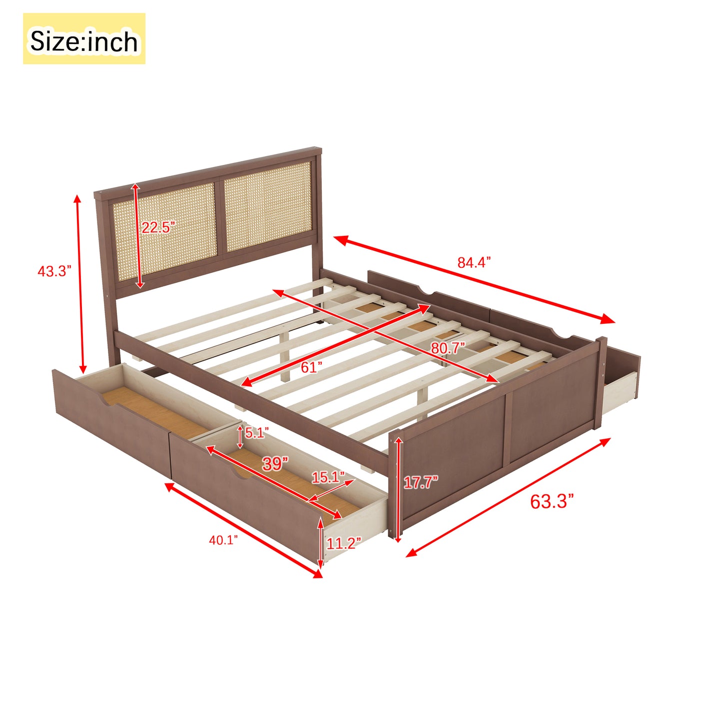 Queen Size Wood Storage Platform Bed with 4 Drawers, Rattan Headboard, Espresso